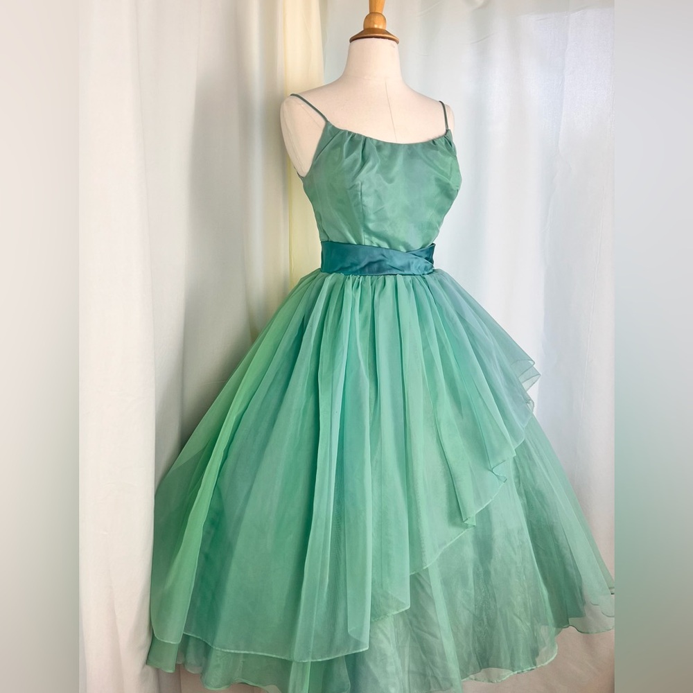 1950s Seafoam Chiffon Tiered Cocktail Dress, 1950s New Look, 1950s Green Dress